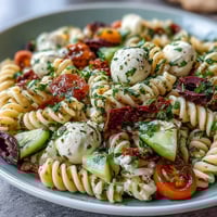A colorful bowl of easy summer pasta salad with Italian dressing, featuring fresh cherry tomatoes and crisp cucumbers.