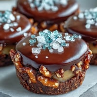 Decadent chocolate cups with pretzel crust and creamy peanut butter filling, topped with a glossy chocolate layer.  
