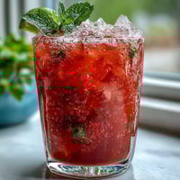 Refreshing strawberry agua fresca with bright lime and fresh mint, served over ice in a clear pitcher.