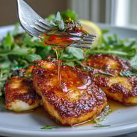 Crispy golden halloumi slices drizzled with chili-infused hot honey, served over peppery arugula for a sweet and spicy vegetarian appetizer.