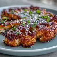 Golden-brown cauliflower steaks with a glossy teriyaki glaze, perfect for a vegetarian main dish with Asian flavors.  
