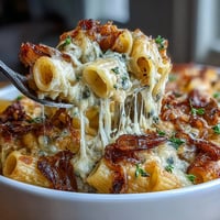A bubbling French Onion Pasta Bake with golden Gruyère and caramelized onions baked to perfection.