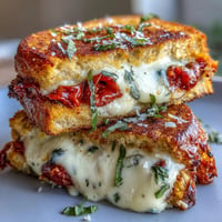 Golden Pizza Margherita Grilled Cheese bursting with melted mozzarella and fresh basil.