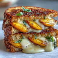 Perfectly golden Peach Hot Honey Grilled Cheese oozing with melted cheese.