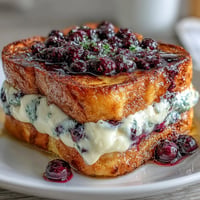 Golden Blueberry Lemon Cheesecake Overnight French Toast bake with creamy filling.