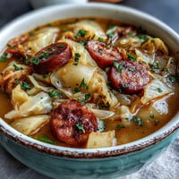 Hearty Cabbage and Sausage Potato Soup steaming in a rustic bowl, garnished with parsley.